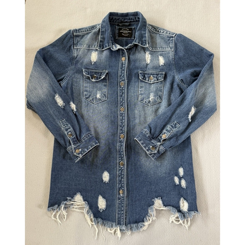 American Bazi Distressed Long Dark Blue Denim Jean Jacket Womens L Coastal Chic